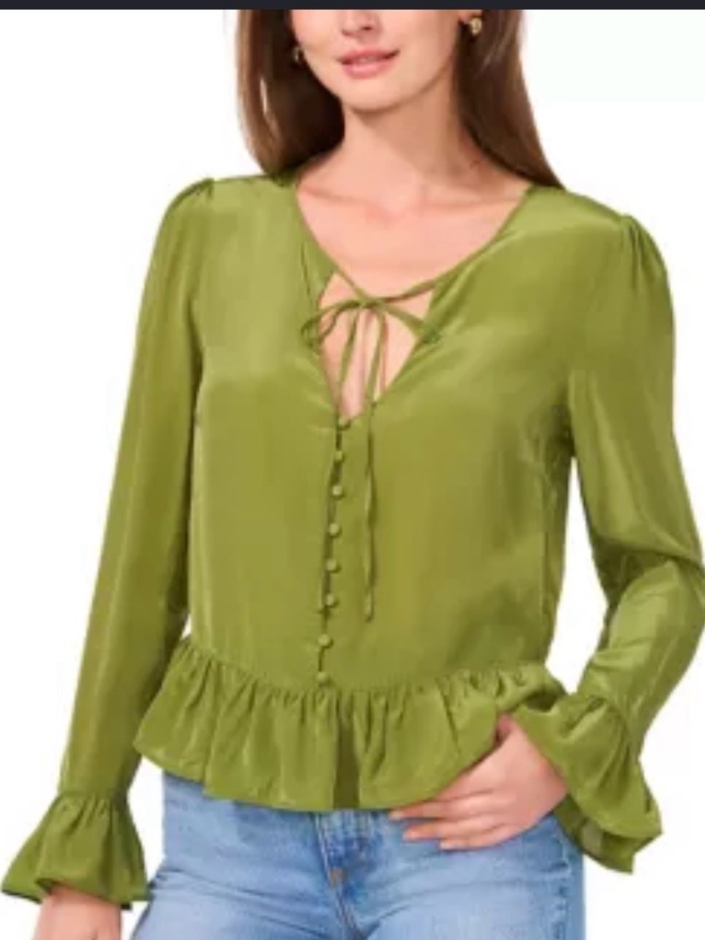 Parker Olive Green Tie-Front Ruffle Hem Blouse